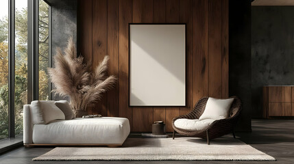 Wall Mural - Modern living room with natural elements and minimalist design.