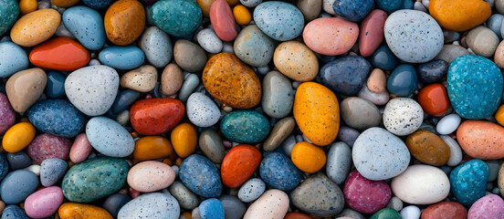 A close up view of Vibrant and Colorful smooth River Pebbles and Stones Background