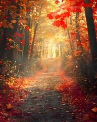 Poster - Enchanting Autumnal Forest Path Illuminated by Warm Sunlight