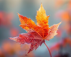 Canvas Print - Vibrant Autumn Maple Leaf with Delicate Dew Drops Representing the Fleeting Beauty of the Changing Seasons