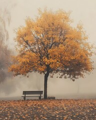 Poster - Tranquil Autumnal Park Scene with Lone Bench Under Golden Tree