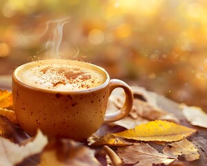 Wall Mural - Steaming Pumpkin Spice Latte with Autumn Leaves Backdrop Embodying Flavors of Fall Season