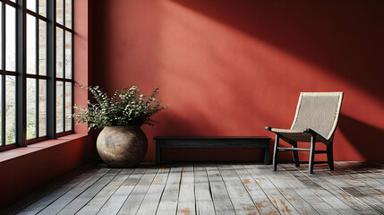 Poster - A serene interior scene with a chair, bench, and potted plant.