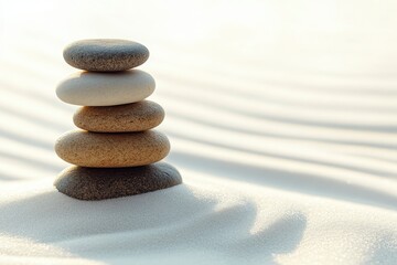 Wall Mural - Zen garden with the stones and white sand pattern minimal scene Stack of Balanced Pebbles, zen pebbles, relax, massage, meditation, studio photography - generative ai