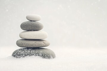 Wall Mural - Zen garden with the stones and white sand pattern minimal scene Stack of Balanced Pebbles, zen pebbles, relax, massage, meditation, studio photography - generative ai