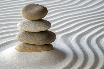 Wall Mural - Zen garden with the stones and white sand pattern minimal scene Stack of Balanced Pebbles, zen pebbles, relax, massage, meditation, studio photography - generative ai