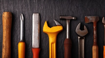 A collection of various hand tools arranged neatly, showcasing a mix of materials and colors, ideal for DIY tasks and home improvement projects.