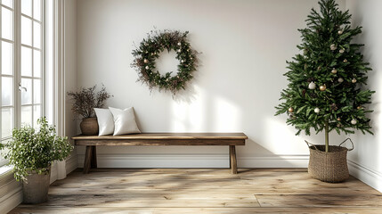 Sticker - Cozy holiday corner with a tree, wreath, and wooden bench.