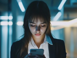 Wall Mural - Tech-Savvy Female in Professional Attire, Engrossed in Cell Phone