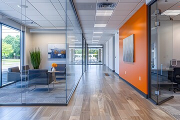 Wall Mural - Modern Office Interior with Glass Walls and Vibrant Accents