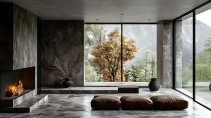 Poster - Modern minimalist living room with a view of nature.