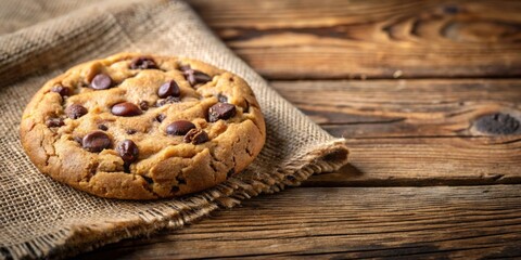 Wall Mural - A close-up photo of a freshly baked homemade chocolate chip cookie on a rustic wooden table, cookie, homemade, fresh