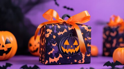 Poster - Halloween themed gift boxes featuring orange ribbons pumpkins and bats against a purple backdrop