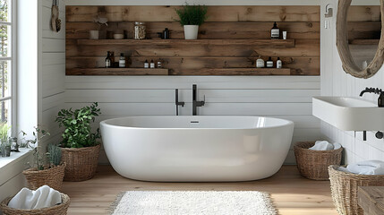 Canvas Print - Elegant bathroom featuring a freestanding tub and natural decor.