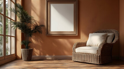 Wall Mural - Cozy corner with a chair and potted plant in a warm room.