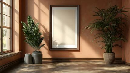 Wall Mural - A serene interior with plants and a blank frame on a warm wall.