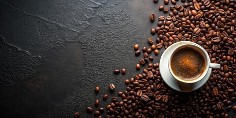 Coffee cup surrounded by ground coffee and beans on a dark surface, coffee, cup, beans, ground, dark, background, espresso