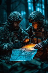 Urban combat plan discussion between special forces soldiers at night