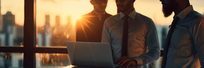 Three businessmen looking at laptop with city view.