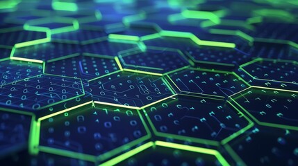 Abstract hexagonal pattern with glowing green lines and blue binary code. Futuristic technology background.