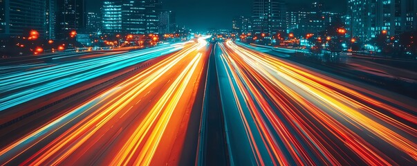 Light trails of vehicles on a busy city highway at night, vibrant colors.