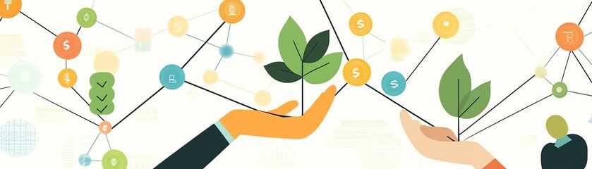 Natural workshop, mentoring program, financial growth graphs, connecting network grid, flat design illustration