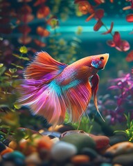 Poster - Captivating Betta Fish Swimming Gracefully Amidst Vibrant Aquatic Plants and Stones