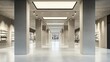 © Валерий Тодаренко - An abstract retail space with a concrete floor and minimalist pillars, square ceiling lights enhancing product displays, designed for an upscale shopping experience in an urban setting.
