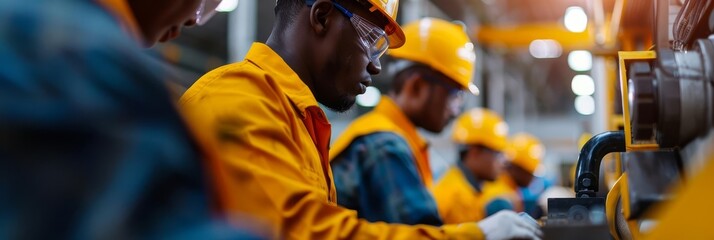 Close up of a factory worker in yellow hardhat operating a machine.