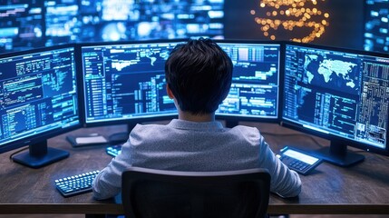 professional analyzing data on multiple computer screens in a modern workspace.