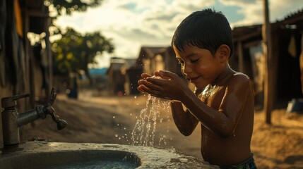 A young boy in South America cupping his hands under a faucet in a dusty village, drinking water as it splashes, affected by drought and poverty.