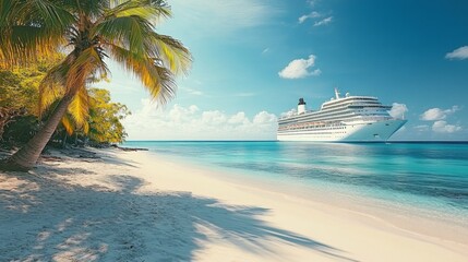 A Cruise Ship Sailing Past a Tropical Beach