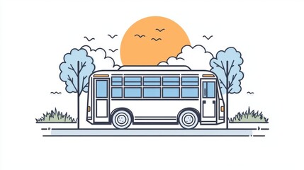 Stylized illustration of a bus traveling under a bright sun with trees, perfect for transportation and travel themes.