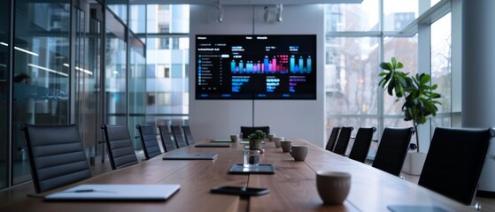 A modern conference room with a long table and office chairs faces a large digital display showcasing colorful data visualization.