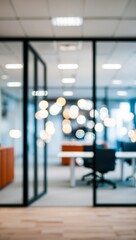 Blurred image of modern office interior with bokeh lights.