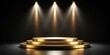 © lapeepon - Golden podium stage with a platform light stand on a luxurious black background, gold, podium, stage,platform, light stand