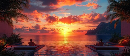 Wall Mural - Two people relaxing on sun loungers at the poolside of an exotic resort, overlooking the ocean with palm trees and a sunset in the background.