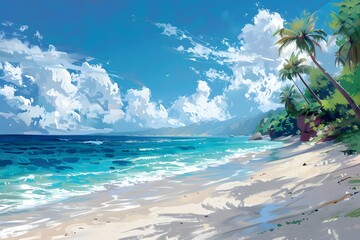 Wall Mural - Serene Tropical Beach Scene with Lush Palm Trees and Clear Blue Waters