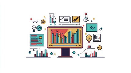 computer and business analysis and technology and digital marketing icons