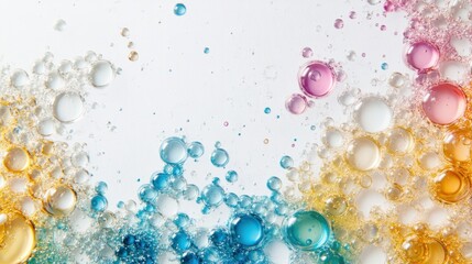 Transparent and vibrant liquid bubbles floating on a plain white backdrop