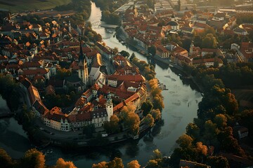 Wall Mural - Aerial View of a Picturesque River Town at Sunset