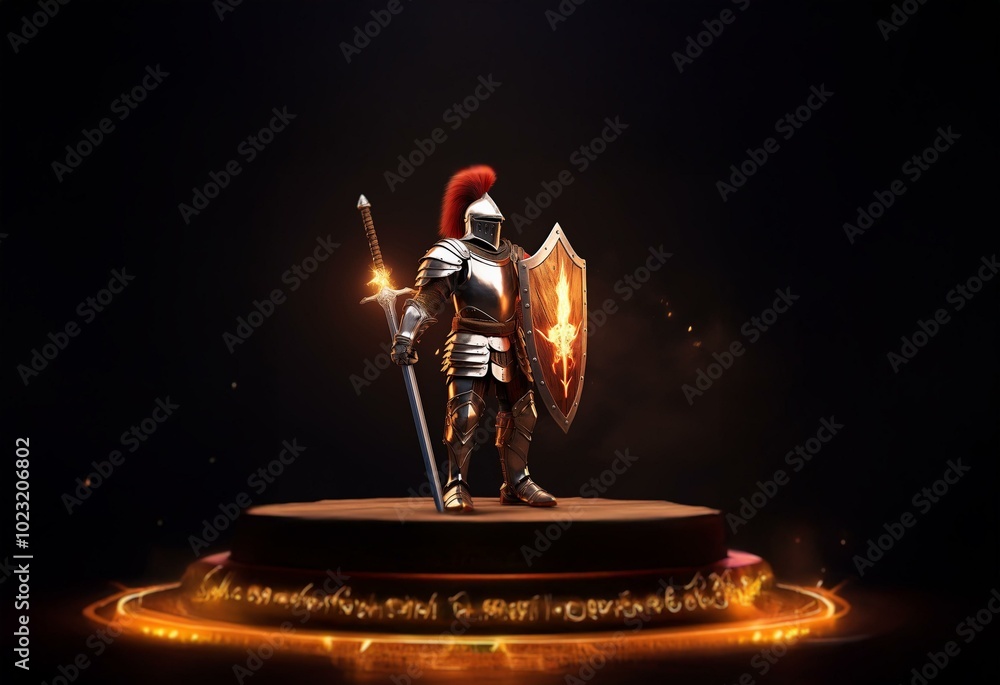 A knight in full armor stands on a circular platform, holding a sword ...