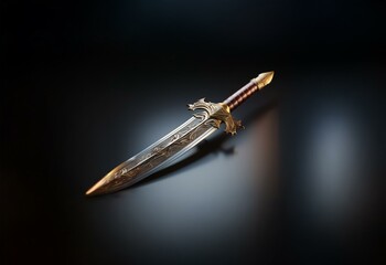 Ornate dagger with a gold hilt and decorative engravings lies on a dark background.