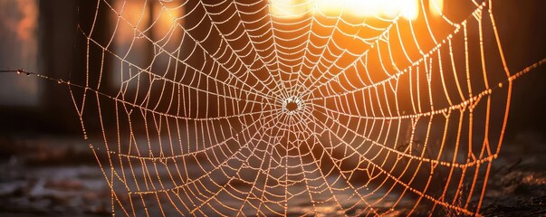A close-up view of a spider web glistening in the sunlight, showcasing intricate patterns and nature's beauty.