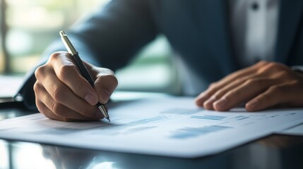 Fototapete - A person in a suit writes with a pen on a document, showcasing professionalism and focus in a business environment.