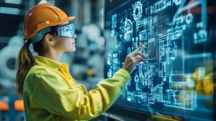 Aufkleber - A woman in a hard hat uses augmented reality technology to interact with a digital blueprint, showcasing innovation in engineering and design.