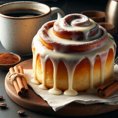 freshly baked cinnabons frosted with soft cream and a cup of coffee, homemade pastries, dessert