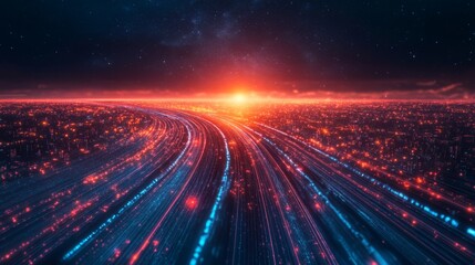 Aufkleber - A futuristic landscape features flowing lines of blue and red lights converging towards a bright horizon, evoking a sense of speed and motion.
