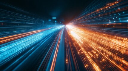 Aufkleber - A dynamic image capturing vibrant streaks of blue and orange light, conveying a sense of speed and motion along a highway or digital pathway.
