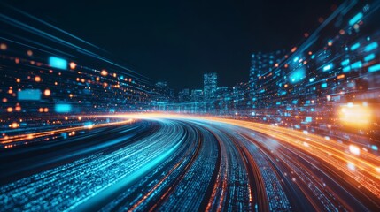 Aufkleber - A dynamic cityscape with vibrant blue and orange light trails, suggesting speed and technology within a futuristic urban environment.